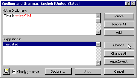 Spelling dialog box