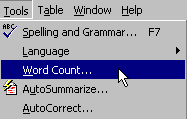 Tools Menu, Word Count selected